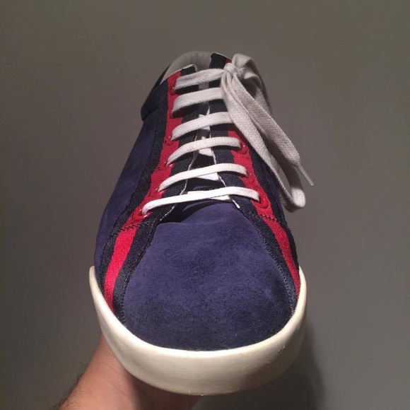 Gucci Blue Suede Script Logo Lace Up Low Sneakers Shoes size 8.5 - Picture 14 of 16